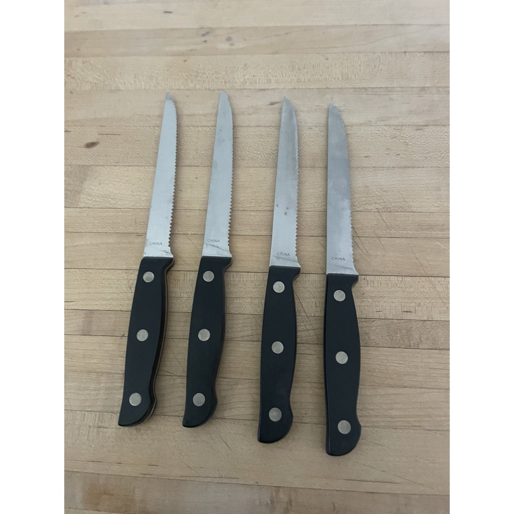 4 Martha Stewart STEAK KNIVES Stainless 4" Serrated Blade Full Tang Forged Black